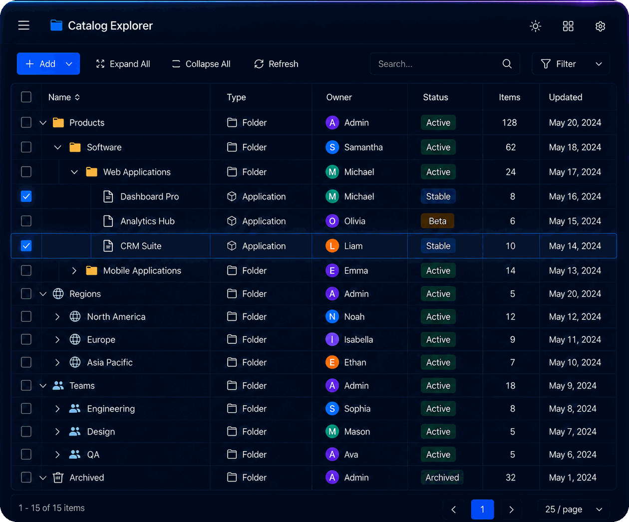 TreeListView showing a hierarchical product catalogue with folders, owners, status badges, item counts and paging.